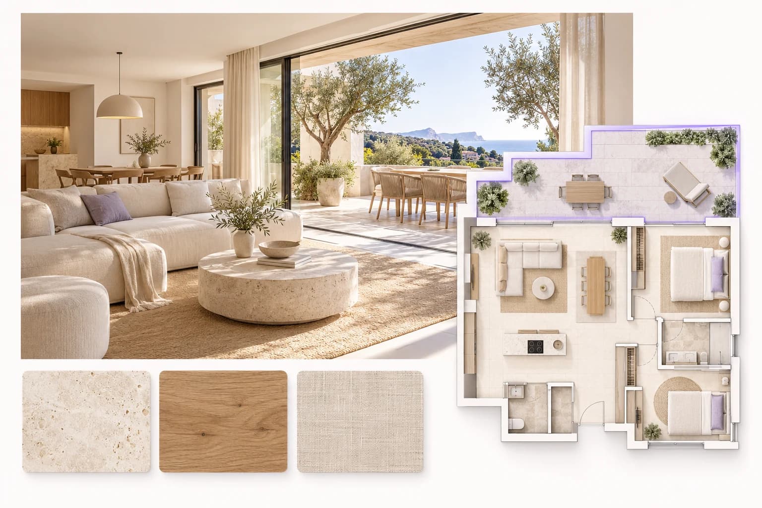 Presentación de vivienda con fotografía, plano y selección de materiales
