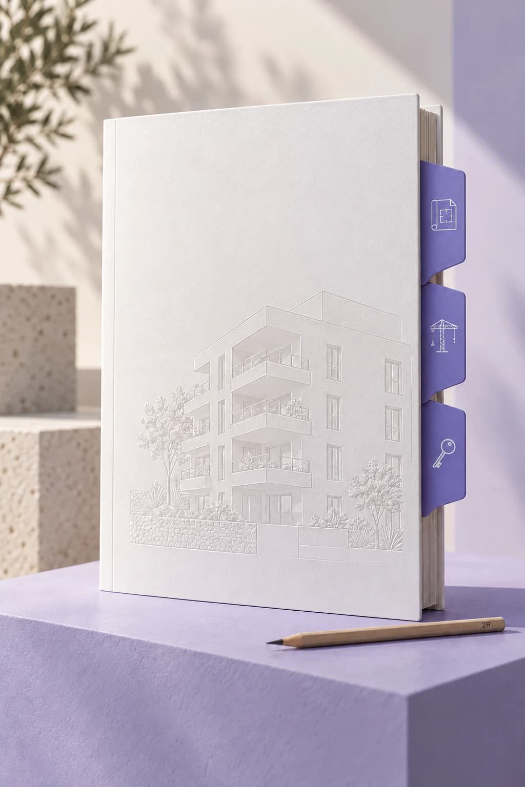 Dosier de promoción con ilustración arquitectónica en relieve